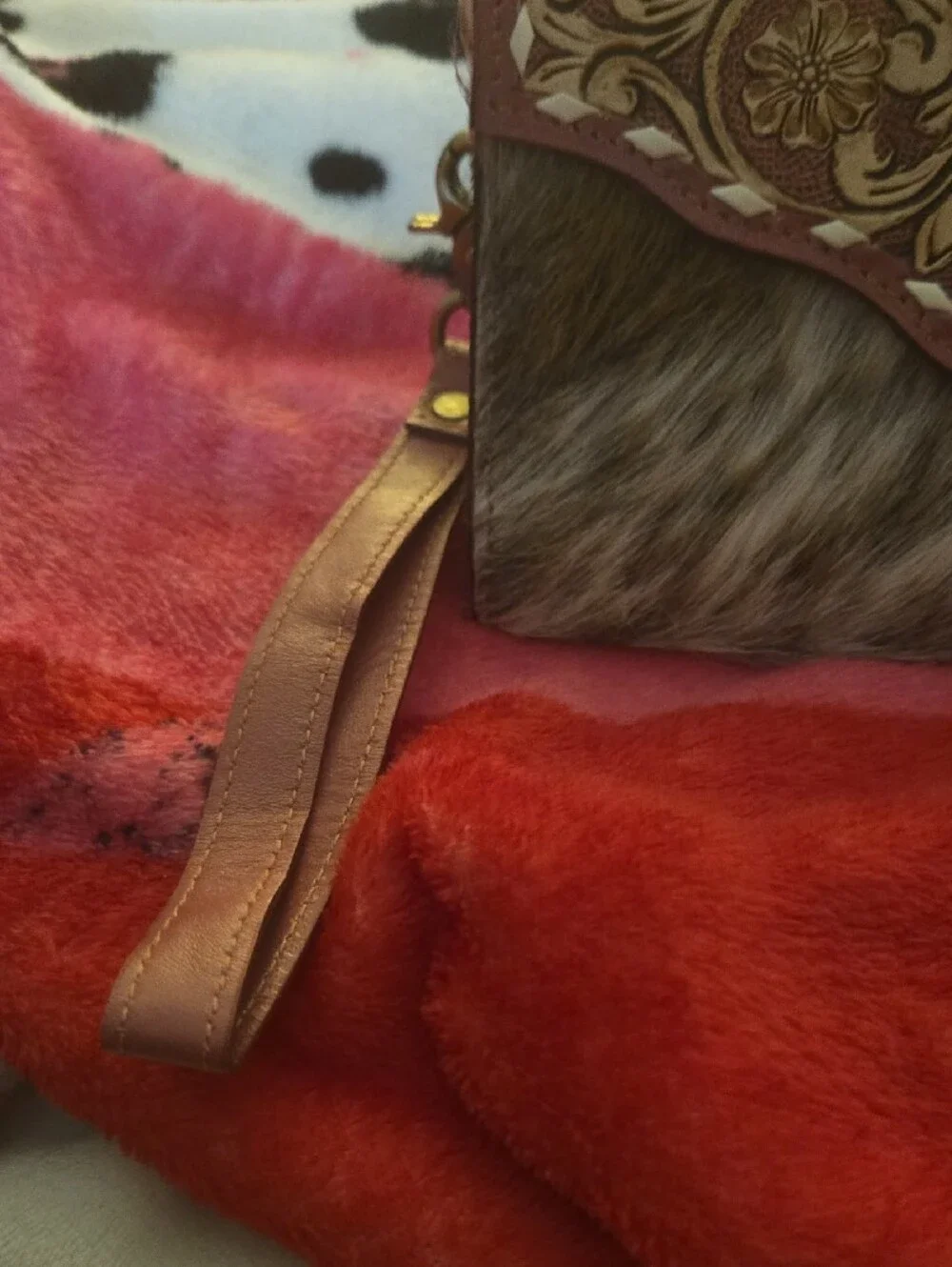 Tooled Leather Real Hair On Hide, Turquoise Accent Wristlet/Wallet/Clutch